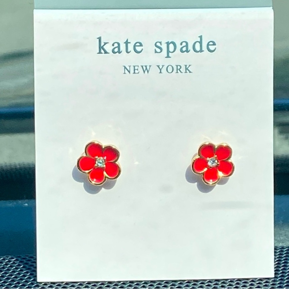 Kate Spade - ‘First Bloom’ Red Floral Studs W/ Gold-Plating & Crystals - New